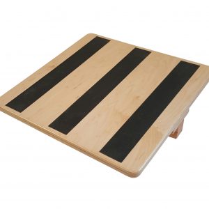 View of Top of teeter type balance board shows non-slip strips. Front to back or side to side with control that allows for a center balance point.